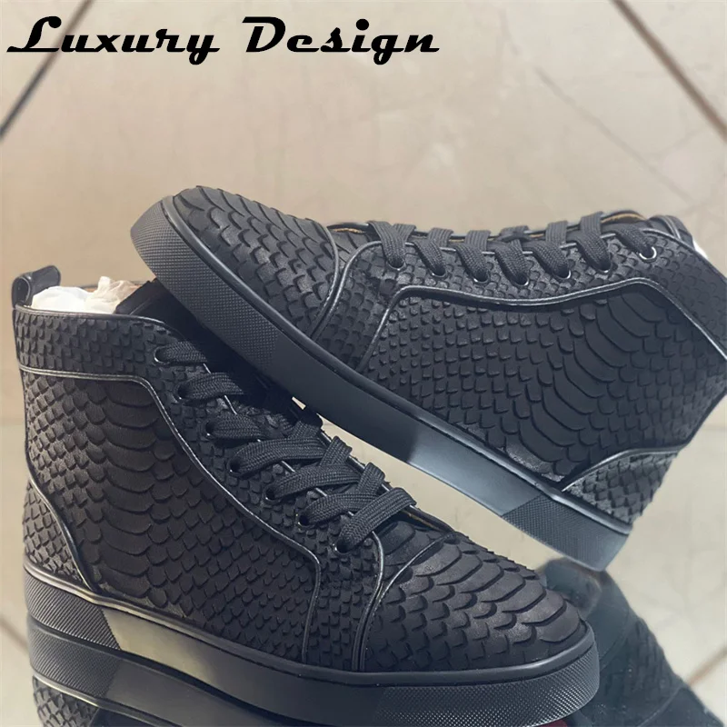 Luxury High Top Black Snake Pattern Leather Red Bottom Shoe Men Casual Flats Loafers Sneaker Wedding Couple Women Brand Trainers