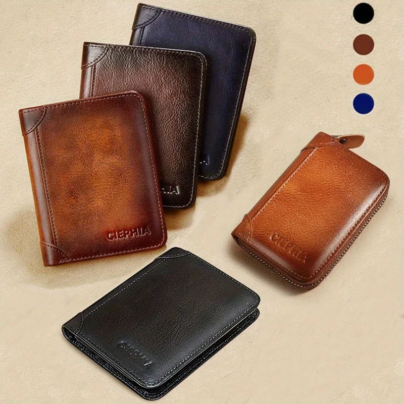 

Anti-theft Brush Three-fold Leather Men's Wallet, Top Layer Cowhide Retro Short Multi-function Card Slot Wallet with Two Windows