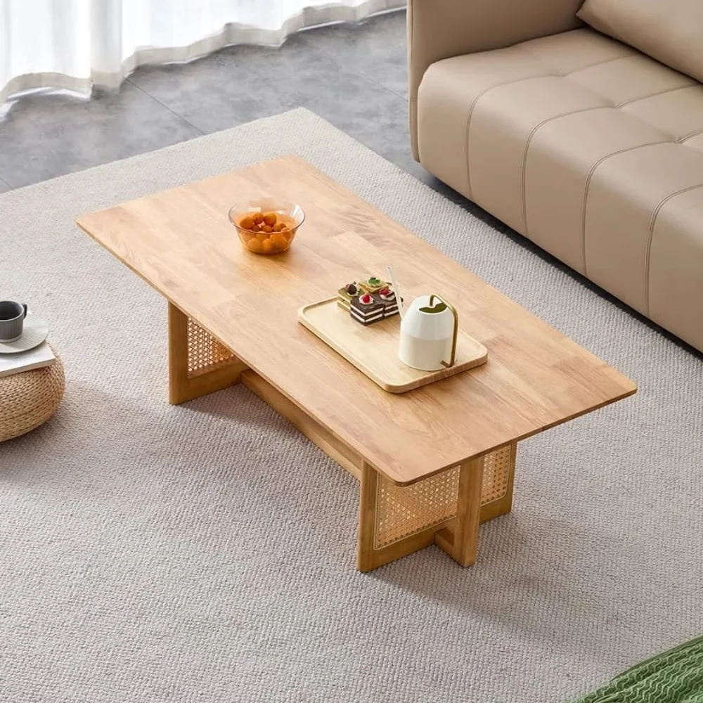 Mesa de centro de ratán Rectangular de madera maciza, patas de mesa cruzadas, muebles de sala de estar, mesitas de noche, mesas de extremo