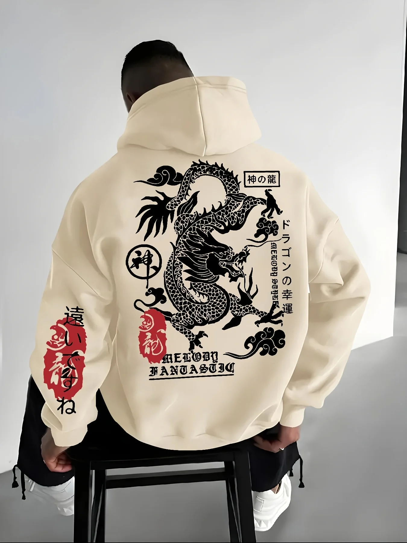 Vintage Orientalischer Drachen-Print Herren-Hoodie Winter Dickes Warmes Fleece Locker Sitzender Street-Style Kapuzenpullover – Detail 5