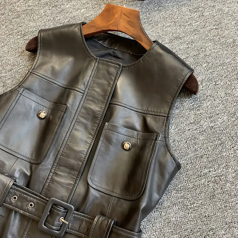 British Temperament Women Vest Coat PU Leather Black Jackets Moto Biker Sleeveless V-Neck with Pockets Vest Female Casual Korean