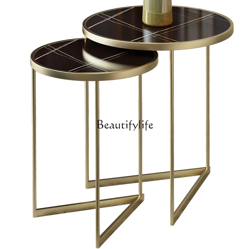 

Sofa side table light luxury modern living room round slate marble minimalist Nordic small coffee table