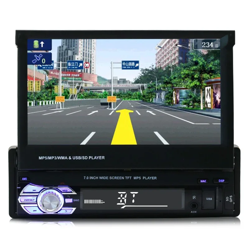 1 DIN automotive retractable radio, MP5 player with GPS and 7-inch screen, Mirror Link, BT, stereo