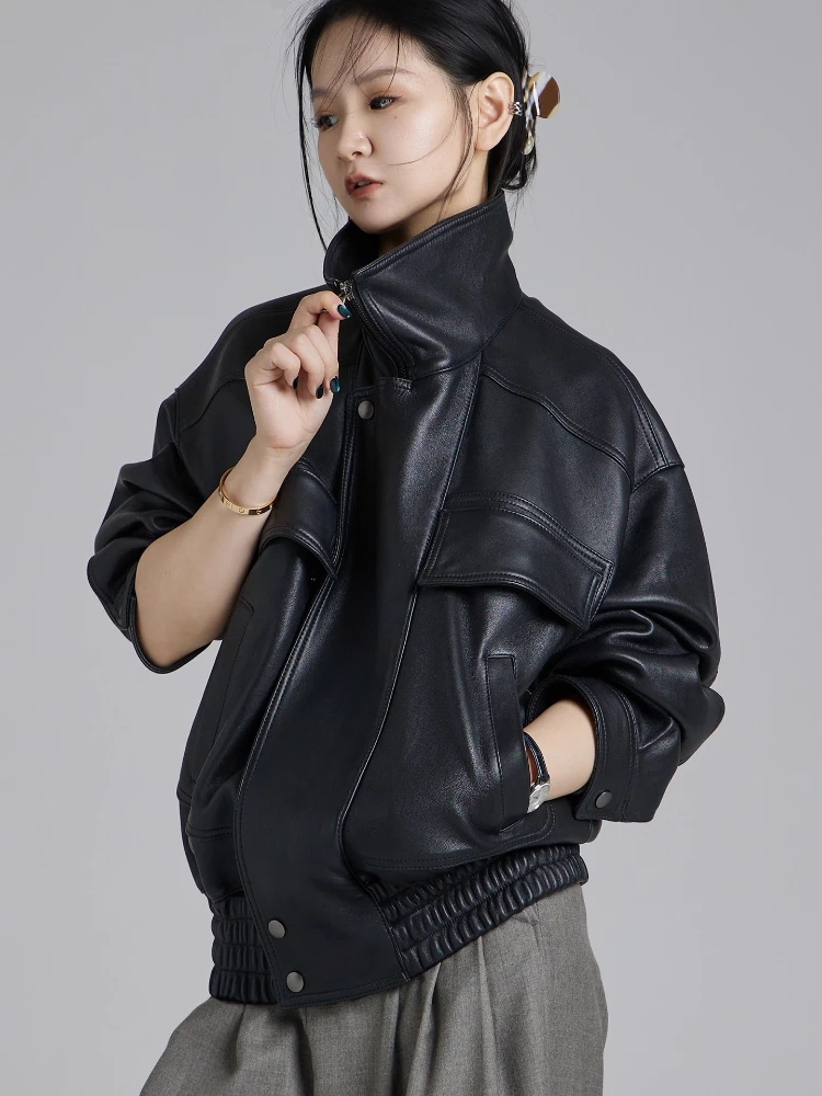 Classic Genuine Leather Motorcycle Jackets for Women Autumn Winter 2025 High-end Simple Casual Soft Black Real Sheepskin Coat