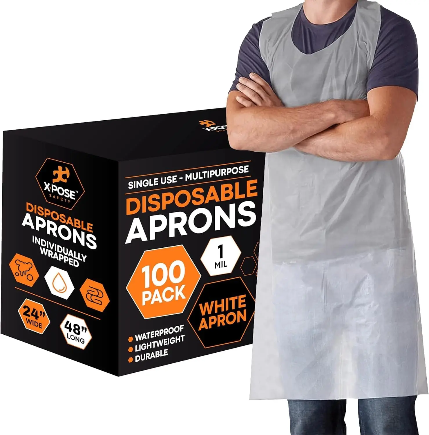 

100 Disposable Plastic Aprons, 1 Mil Waterproof, 24x48, Individually Wrapped for Cooking & Gardening