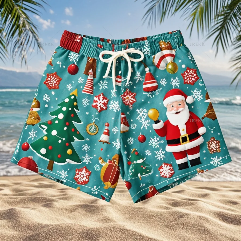 Fashion 3D Merry Christmas Graphic Beach Shorts Santa Claus Xmas Christmas Trees Graphic Swimming Shorts Funny Board Men Shorts