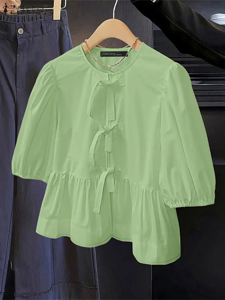 

ZANZEA 2025 Summer Elegant Babydoll Blouses Woman Tie-Front Round Neck Puff Sleeve A-Line Blusas Mujer Fashion Solid Peplum Tops