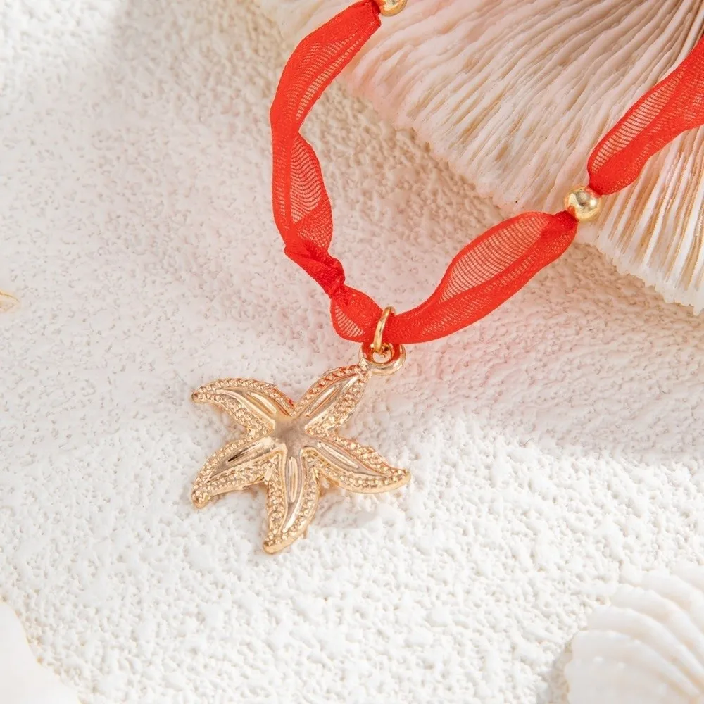نجم البحر قلادة الدانتيل المختنق قلادة معدنية نجم البحر مجوهرات الحفلات محارة قلادة قلادة قابل للتعديل عطلة الشاطئ القلائد