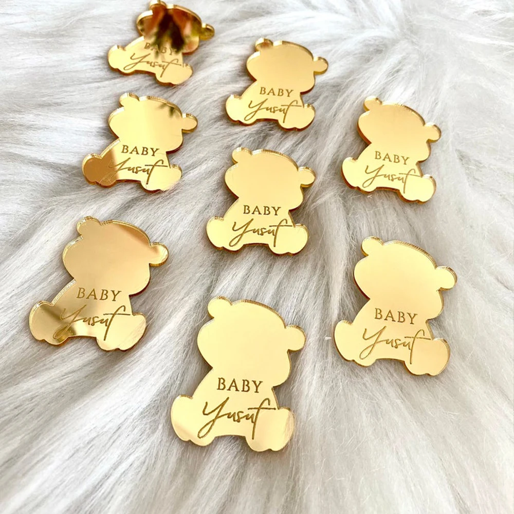 20/50/100pcs Personalized Bear Acrylic Mirror Tag Baby Shower Tag Gift Bear Birthday Bear Tag Baby Name