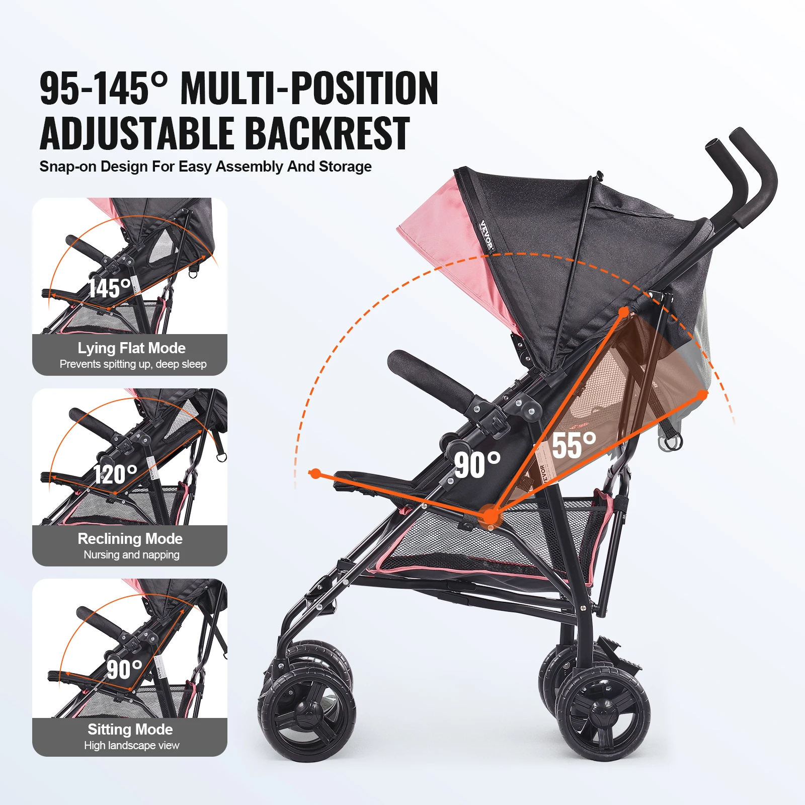 VEVOR Lightweight Stroller Compact Easy Fold MultiPosition Recline Canopy Backrest Carbon Steel Frame with Large Storage Basket