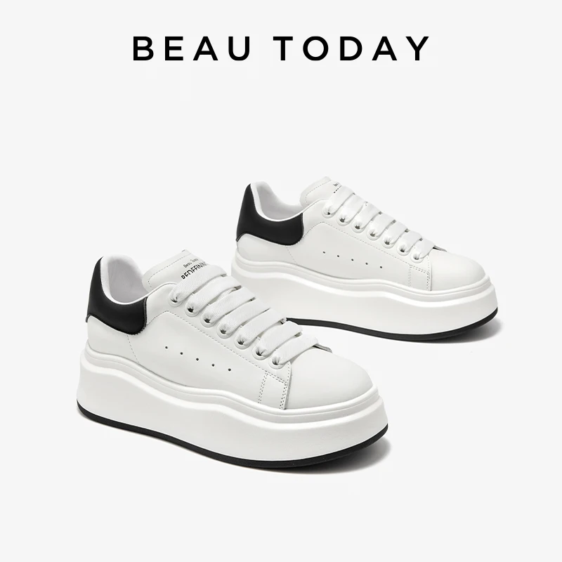 BEAUTODAY Casual Sneakers Women Genuine Cow Leather Solid Color Lace-up Thick Sole Spring Ladies White Shoes Handmade 29746