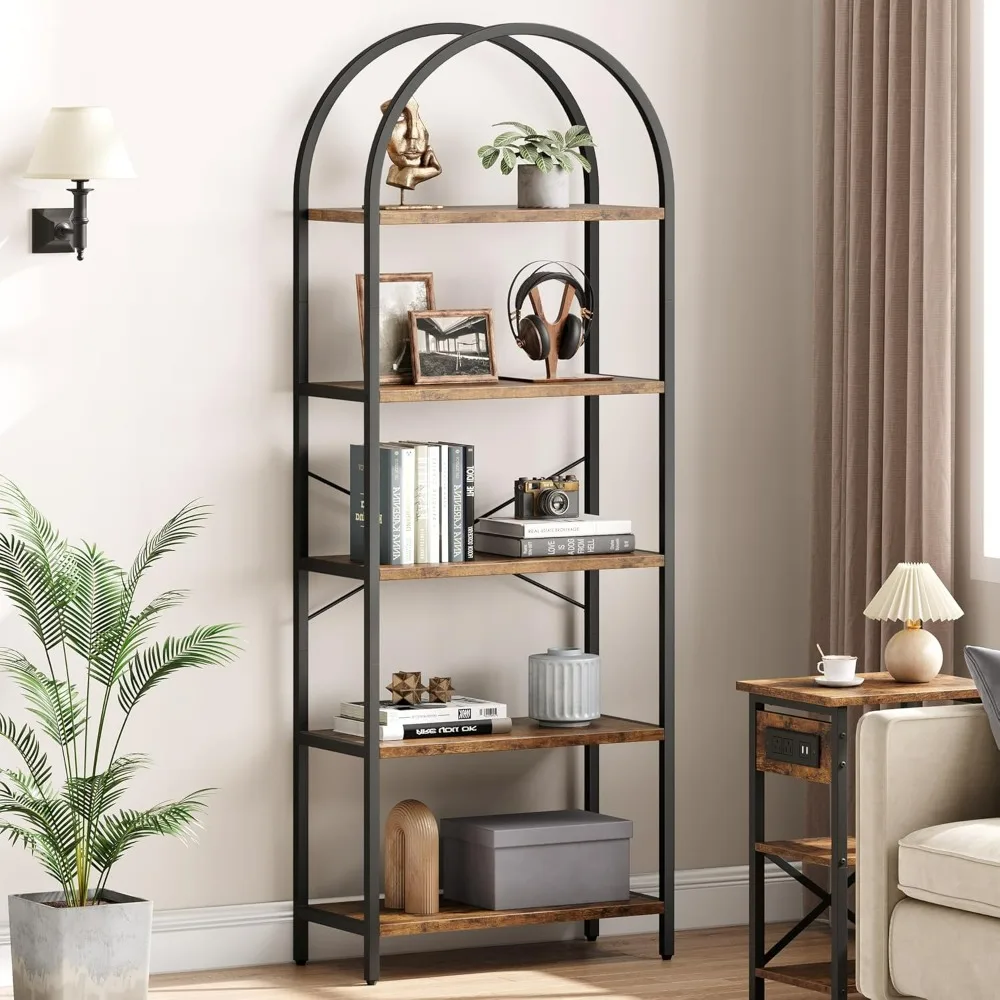 

Bookshelf 5 Tier Bookcase Arched Display Racks Tall Standing Bookshelves Metal Frame Rustic Storage Rack Shelf Brown Book Shelf