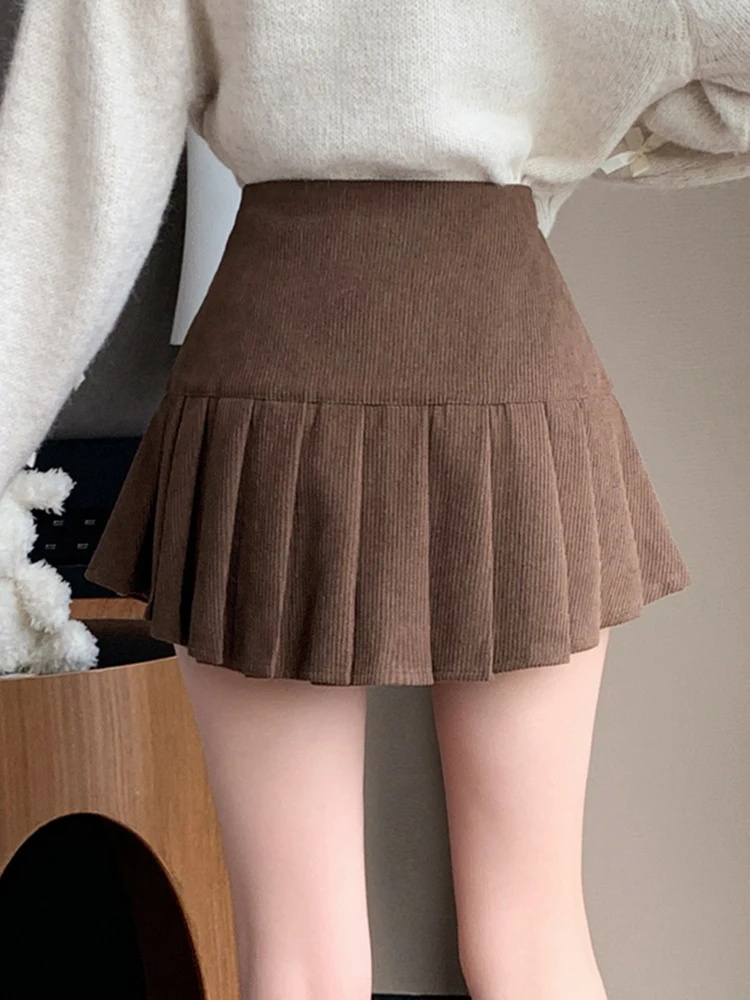 American Retro Corduroy Pleated Skirt For Woman Autumn Winter Casual Y2k Sweet Chic Short Skirts With Button
