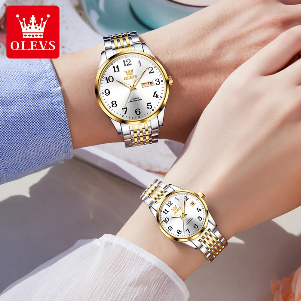 OLEVS-Montre-bracelet mécanique automatique de luxe pour hommes et femmes, montres de couple originales, calendrier à échelle numérique classique, marque supérieure