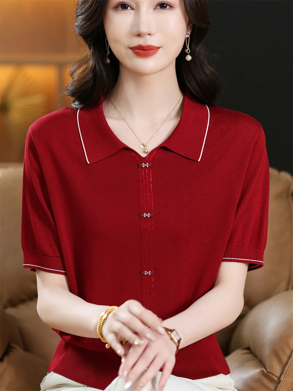 

Модный вязаный тонкий топ на пуговицах из ледяного шелка для женщин среднего возраста, свободного кроя, однотонный, летняя одежда