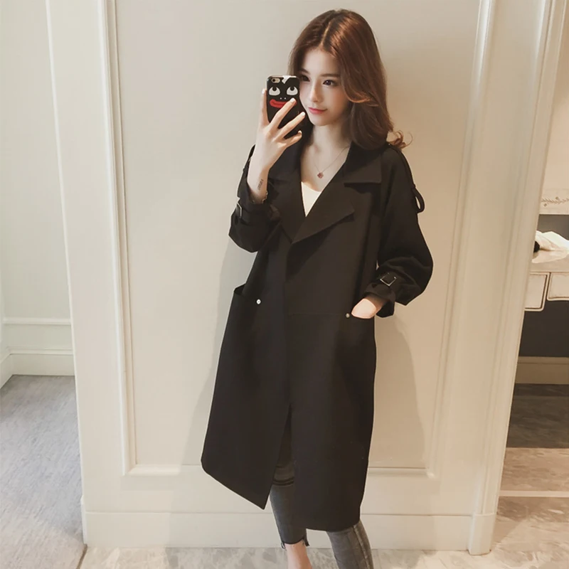 Black Casual Style Women's Coat Korean Version Spring Autumn Winter Thin Large Coat Medium Length Commuter Style Pure Color