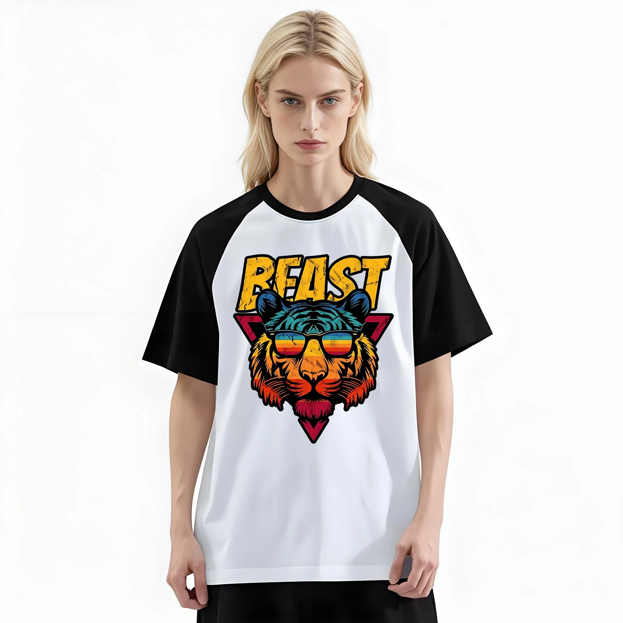 Women'S Fashion Raglan Sleeve T-Shirt, Beast Retro Rainbow Tiger With Sunglasses Distressed Printed, Summer Casual Comfortable Tee, Women'S Everyday Short-Sleeve Top