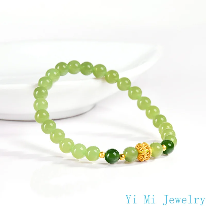100% 天然古材ホータン翡翠ジャスパーラウンドビーズライトグリーンブレスレット翡翠女性アンティークハンドストリングファッションチャームジュエリー