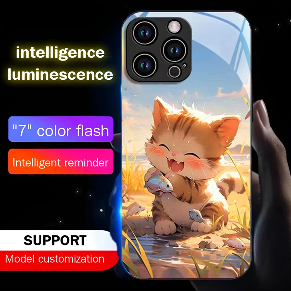

So Cute Fish Cat Led Light Phone Case Call Flash Glitter Cover For iPhone 16 E 15 14 13 12 11 Pro Max XR XS Plus