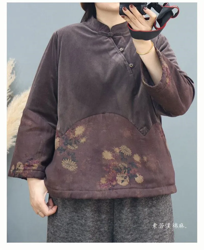 

Winter New Floral Patchwork Corduroy Jacket Women Chinese Style Thicken Long Sleeve Stand Collor Cotton Outwear Vintage Coat