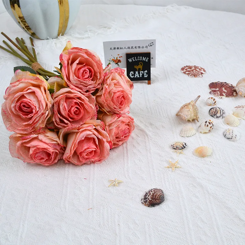 باقة زهور صناعية واحدة 7 رؤوس تأثير محروق محاكاة وردة بلغاريا لحفل الزفاف باقة العروس ديكور طاولة المنزل