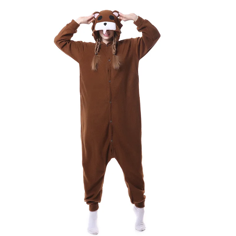 동물 곰 Kigurumi 만화 정장 잠옷 애니메이션 할로윈 Onesies 성인 갈색 Pijamas 양털 코스프레 의상 원피스 바디 슈트