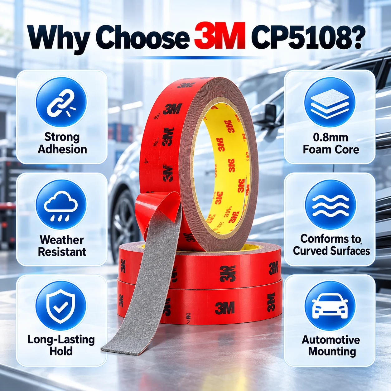 3M CP5108 Automotive Acrylic Foam Double Sided Tape Strong Adhesive Weather Resistant for Car Trim Emblem Molding 0.8mm 3m