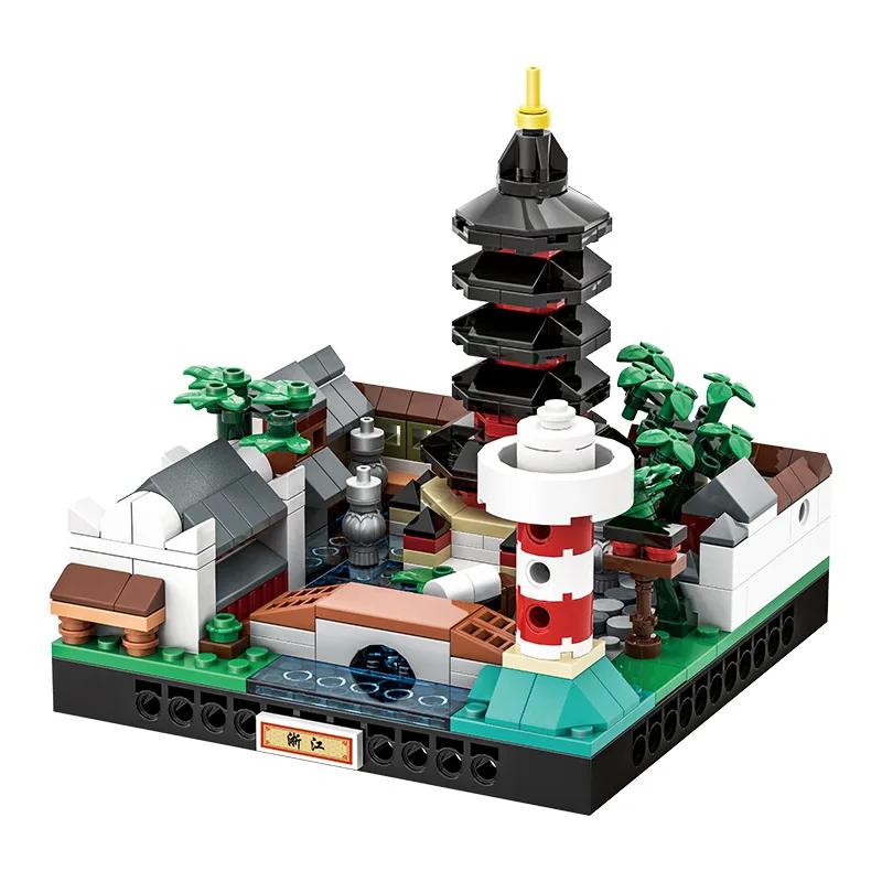 Conjunto de Blocos Micro da Cidade de Zhejiang Estilo Urbano Chinês Guochao Miniatura DIY Brinquedo Educativo para Crianças e Adultos Presente para Casa
