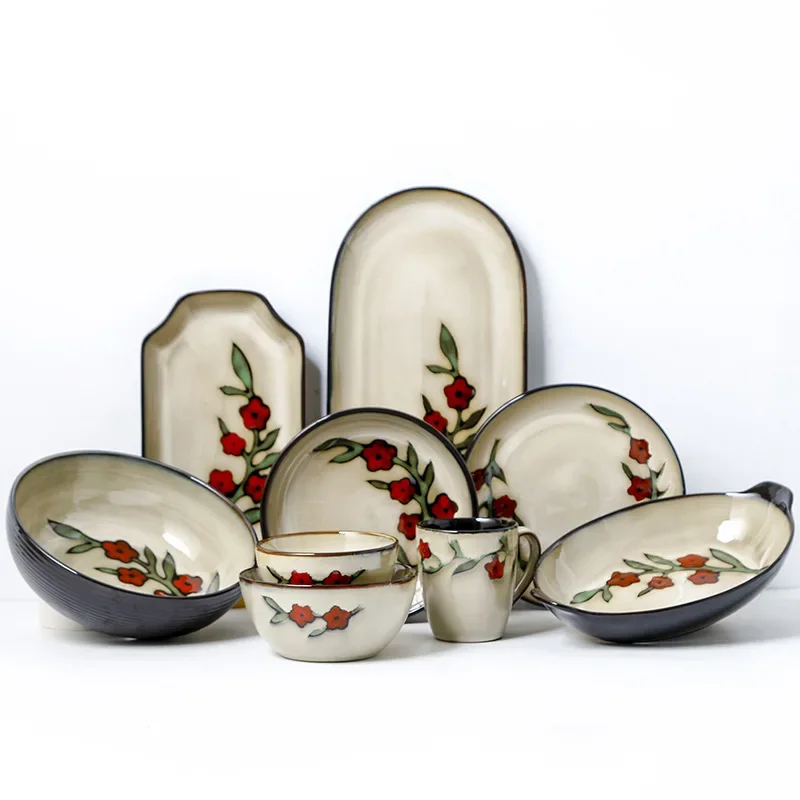 LingAo-Japanese under glaze Color Creative Ceramic Rice Bowl, Deep Dish, Oval Fish Plate, Tableware Set, Household