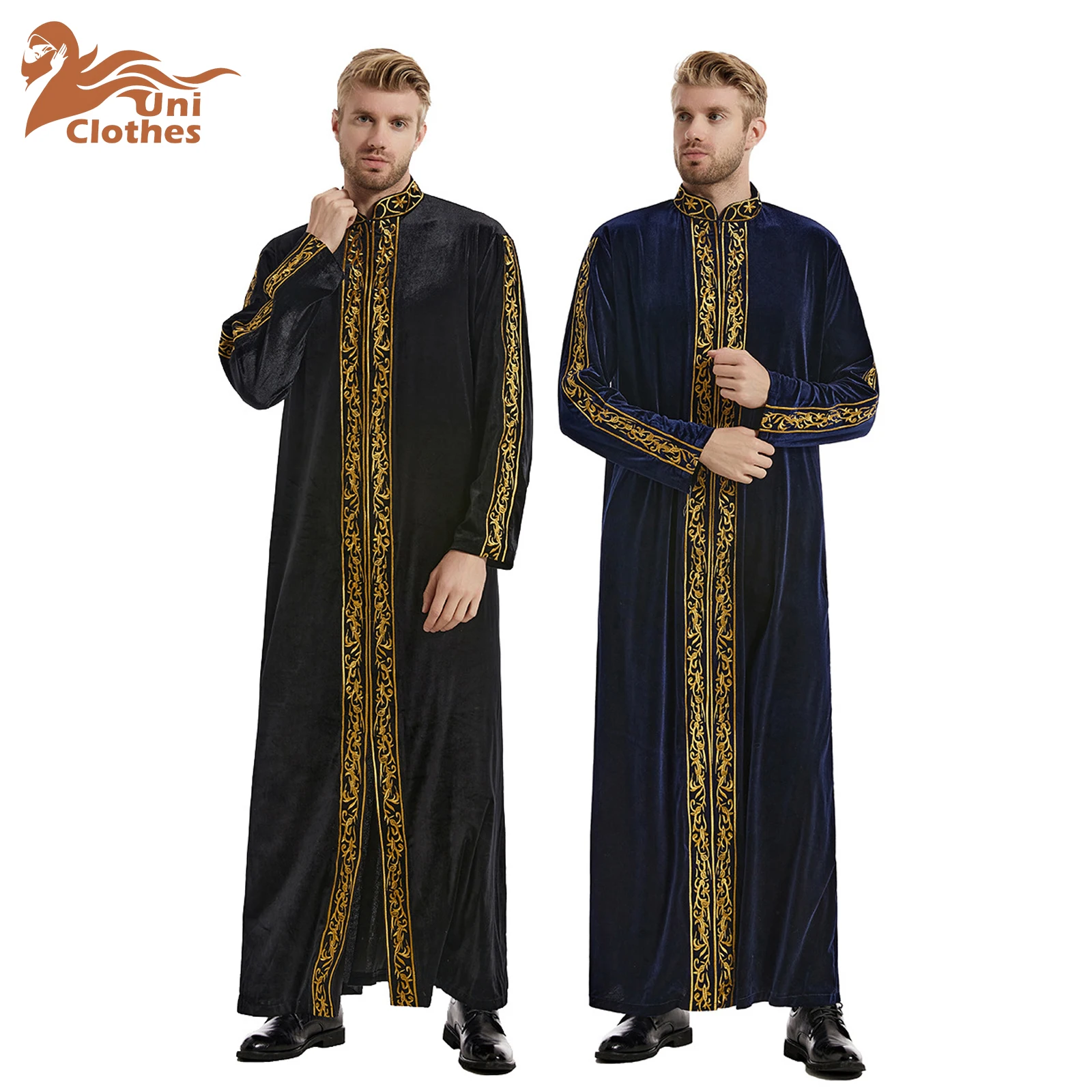 UNI Ramadan มุสลิมผู้ชายกํามะหยี่ Thobe WinterKaftan เสื้อผ้าอิสลาม Eid Saudi อาหรับ Robe Thoub Thawb ดูไบ Abaya ชุด Abayas