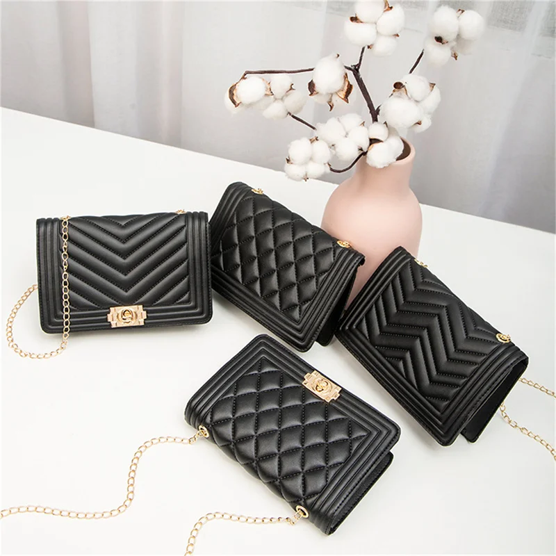 Women Fashion Chain Shoulder Crossbody Bag Embroidery Embossed PU Leather Small Square Bags