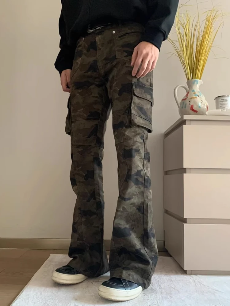 American Retro Camouflage Work Pants Men's Autumn High Street Cleanfit Bell Bot Jeans Multiple kets Youthful Sle