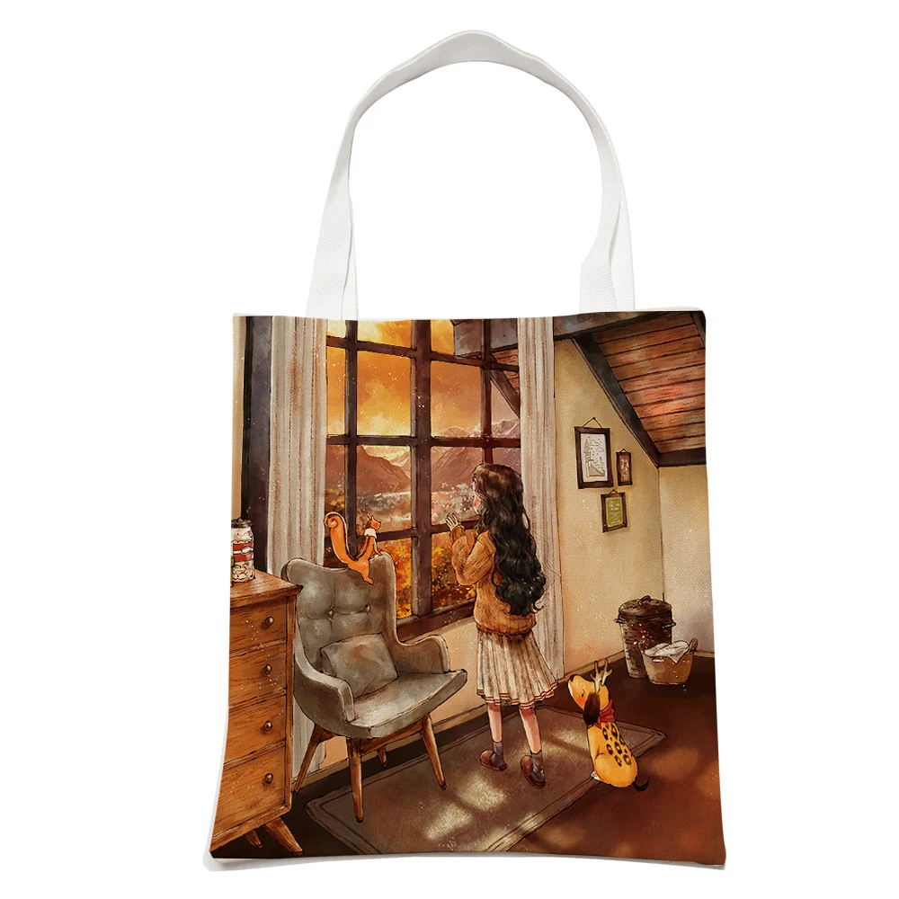 Cute Cartoon Girl Fashion Shopping Shoulder Bag for Women Reusable Double Sided Print Casual Children Canvas Tote Handbag