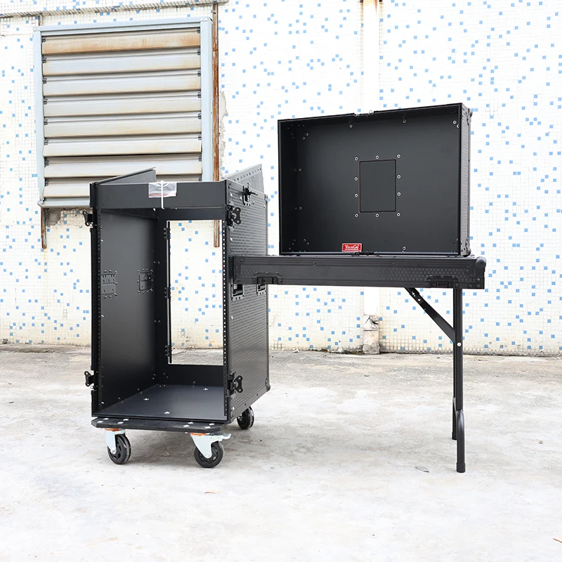 Customized Black Paint 11U Top Slanted 16U Vertical Pro Combo Rack Flight Case With Casters Side Table And Glide Platform