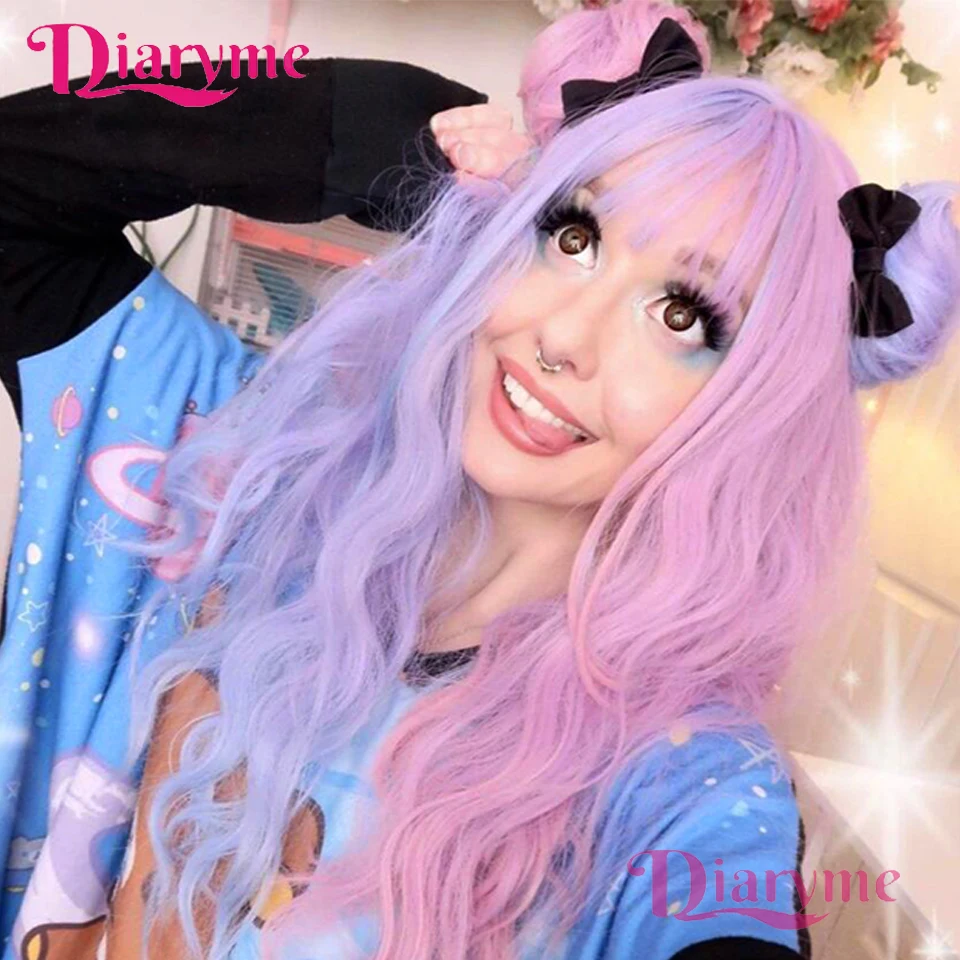 

BG Long Body Wave Blue Purple Cosplay Wigs Heat Resistant Synthetic Wigs With Bangs Natural Lolita Wigs For Women