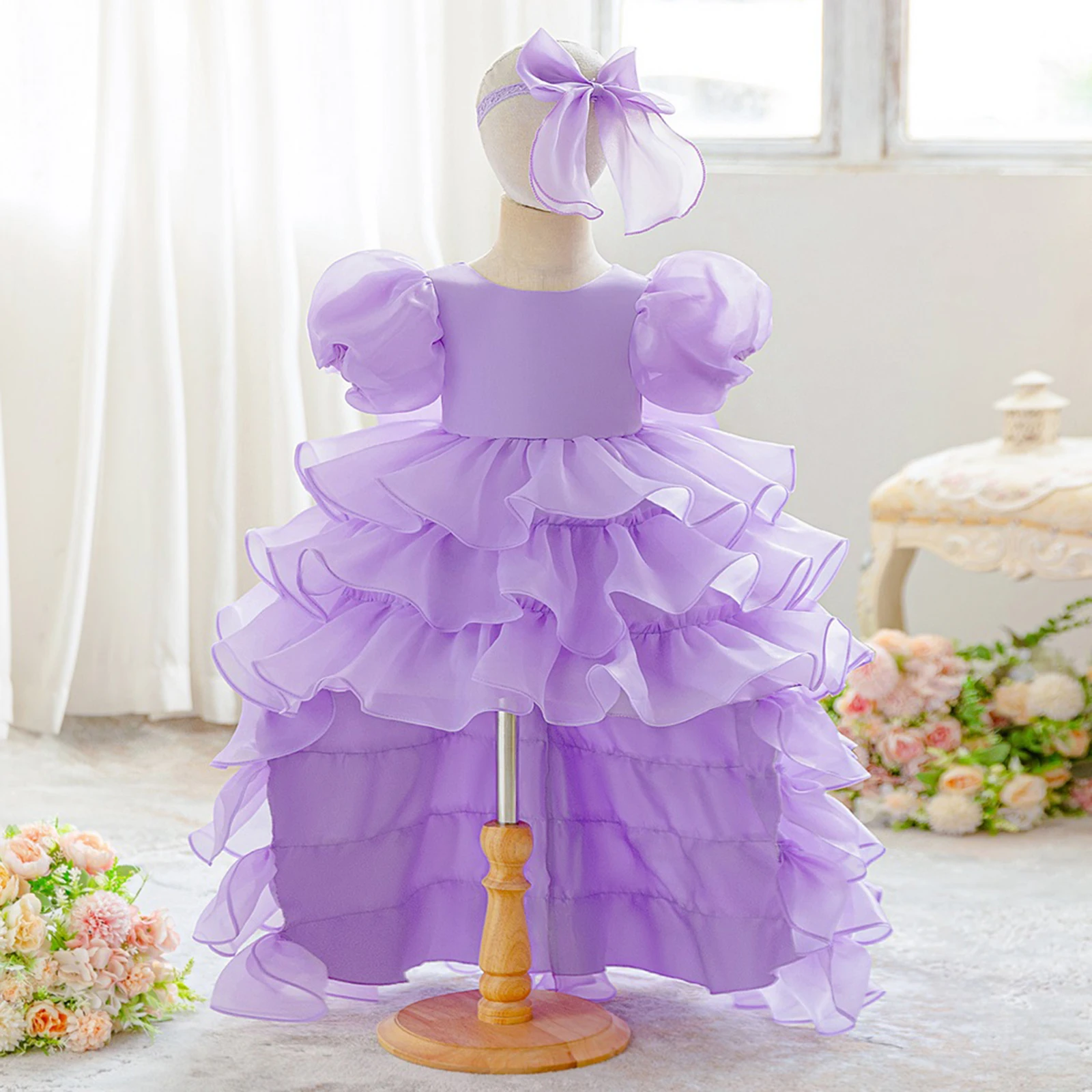 

0-3T Toddler Baby Girl’s 2-piece Dress Outfit Sweet Puff Sleeve Layered A-line Dress with Bow Headband Summer Outfit