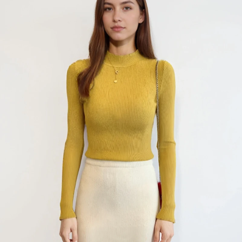 

2025 классический пуловер с высоким воротом, вязаный свитер, облегающий женский осенний свитер с длинным рукавом, однотонный повседневный простой трикотаж