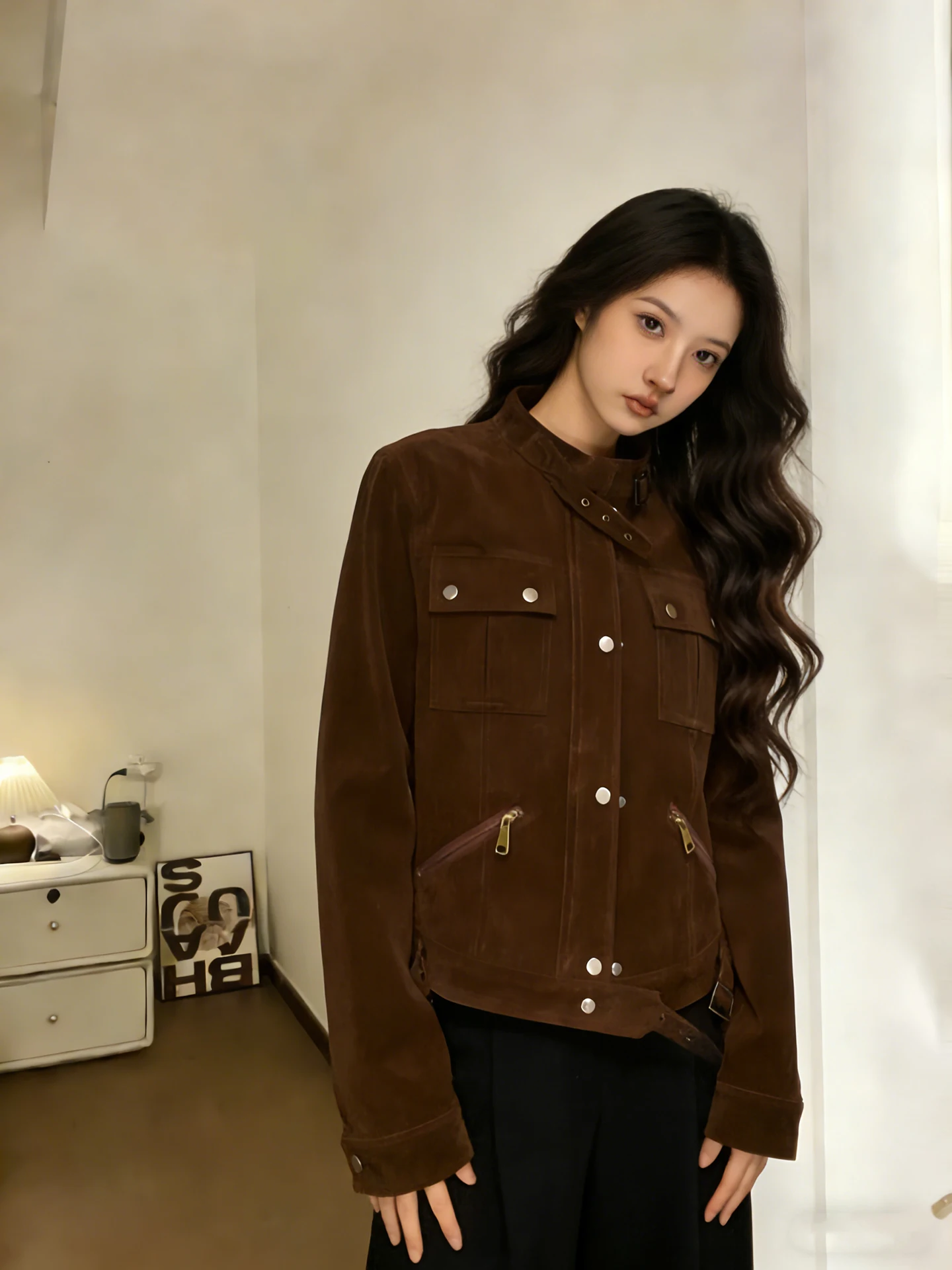 Browan camurça motocicleta jaet feminino ort oulder apropriado primavera outono novo sle americano retro jaet casaco