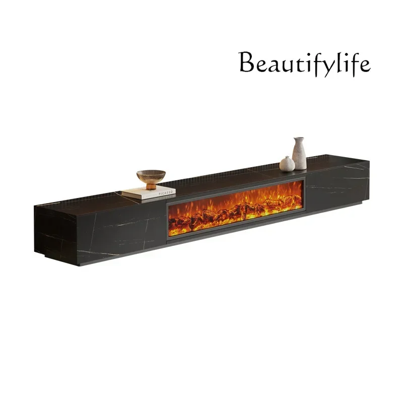 Italian Minimalist Simulation Flame TV Cabinet Electronic Fireplace Full Rock Board Solid Wood TV Cabinet