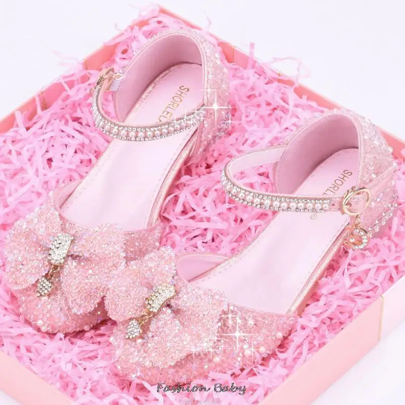 Girl Butterfly Crystal Mary Jane Shoes Bling Princess Sandals for Children Stage Performance Kids Leather Shoes Dance Party Baby