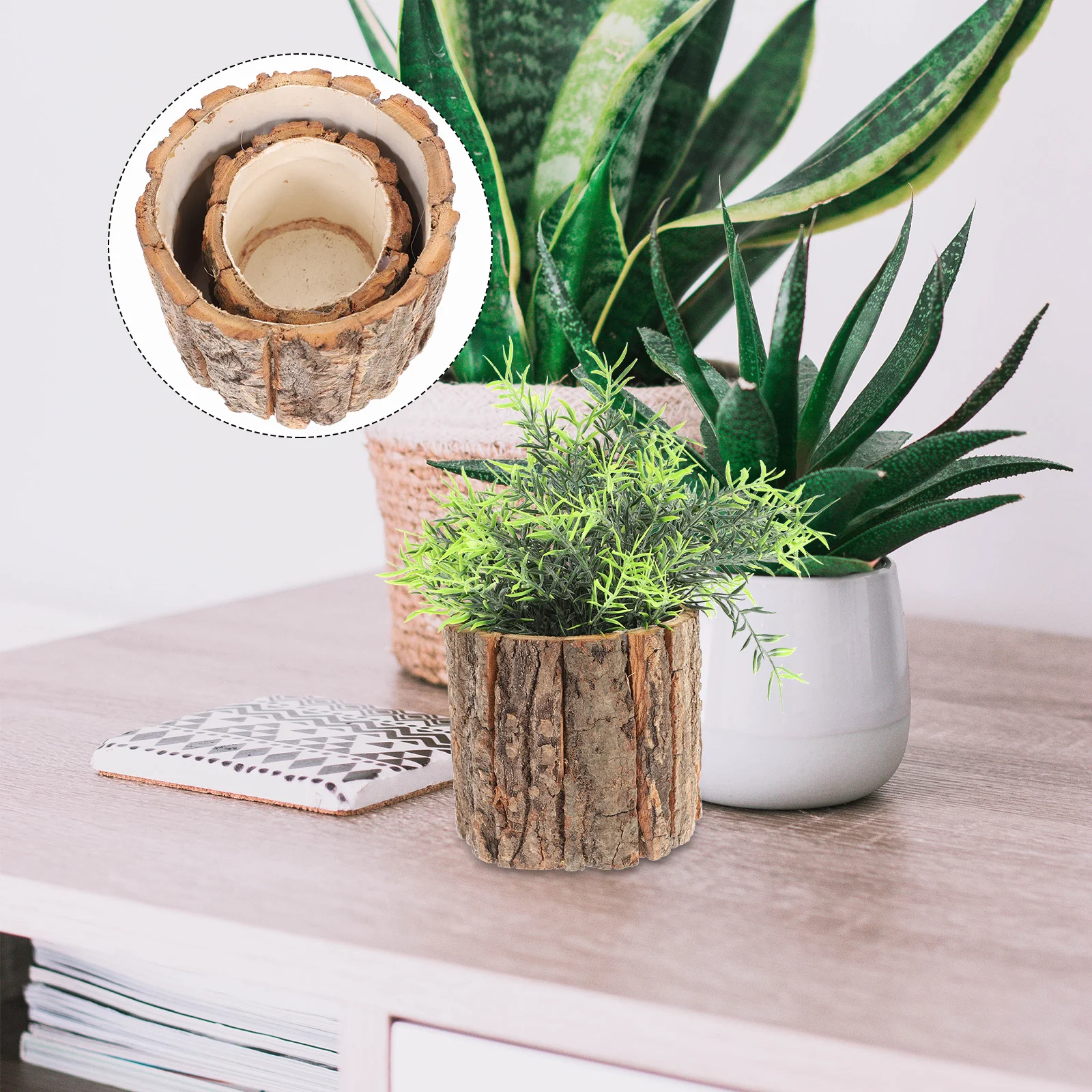 

2 Pcs Floral Bark Bucket Pot Pedestal Planter Barrel Stumps Succulent Planters Retro Decor Wooden Flower Container Vintage