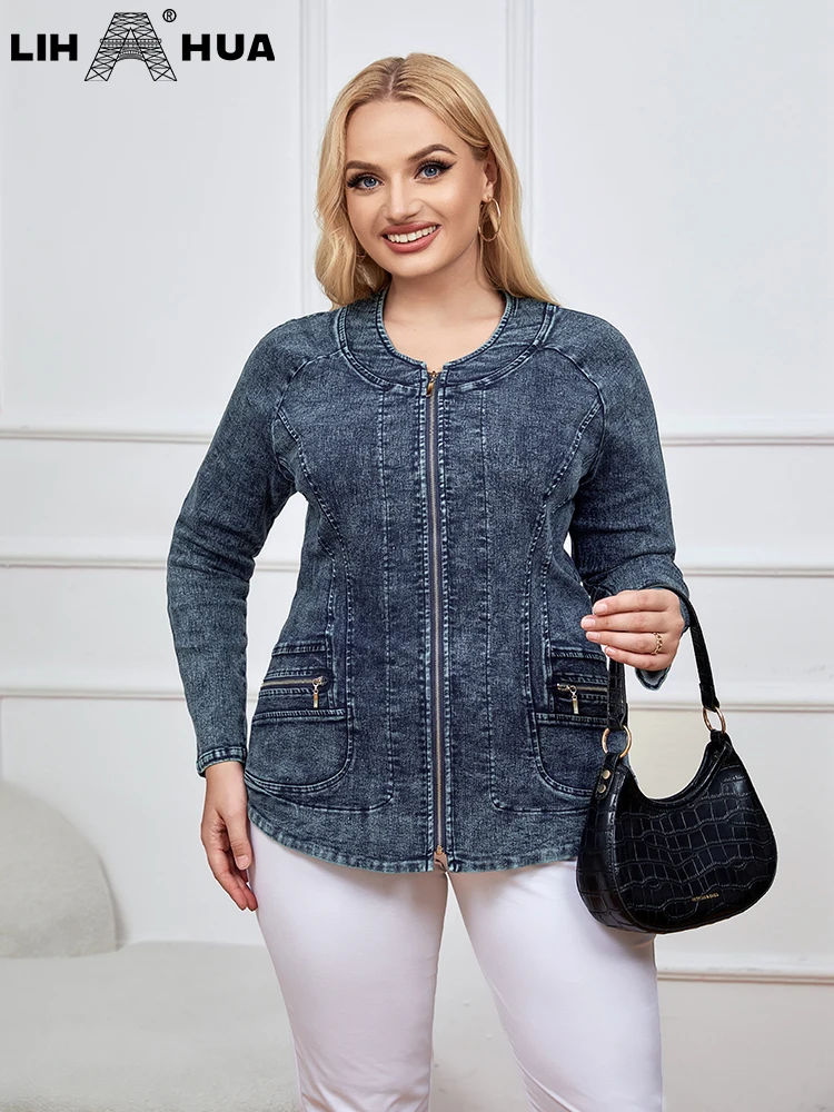 LIH HUA Women\'s Plus Size Denim Jacket Autumn Chic Elegant Jacket For Chubby Women Cotton Woven Jacket