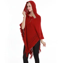 Spring Autumn New Women Winter Knit Hooded Poncho Cape Crochet Fringed Tassel Shawl Wrap Sweater Even Hat Girls Keep Warm Red