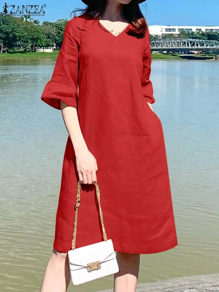 ZANZEA 2024 Elegant Half Sleeve Ruffles Hem Sundress Summer Fashion Women Dress Robe Femme Casual V Neck Solid Midi Work Vestido