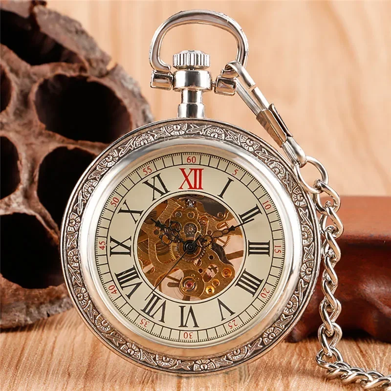 Silver Antique Men Women Skeleton Handwinding Mechanical Pocket Watch Roman Number Dial Fob Chain Relogio De Bolso
