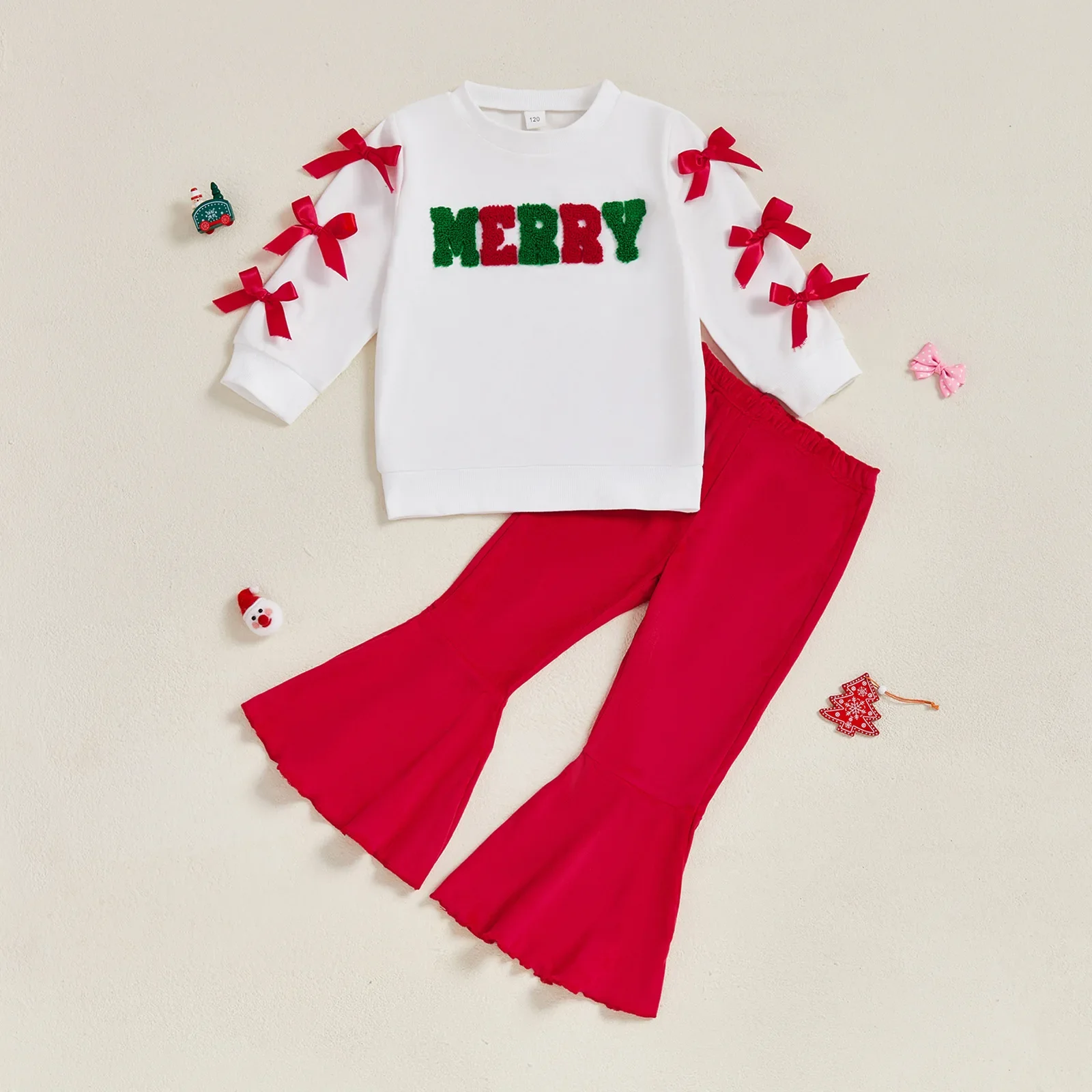 

2025 Baby Clothes Christmas Cotton 2pcs Sets 2-6Y Baby Girl Merry Embroidery Bow Long Sleeve Sweatshirt and Flare Pants Outfit
