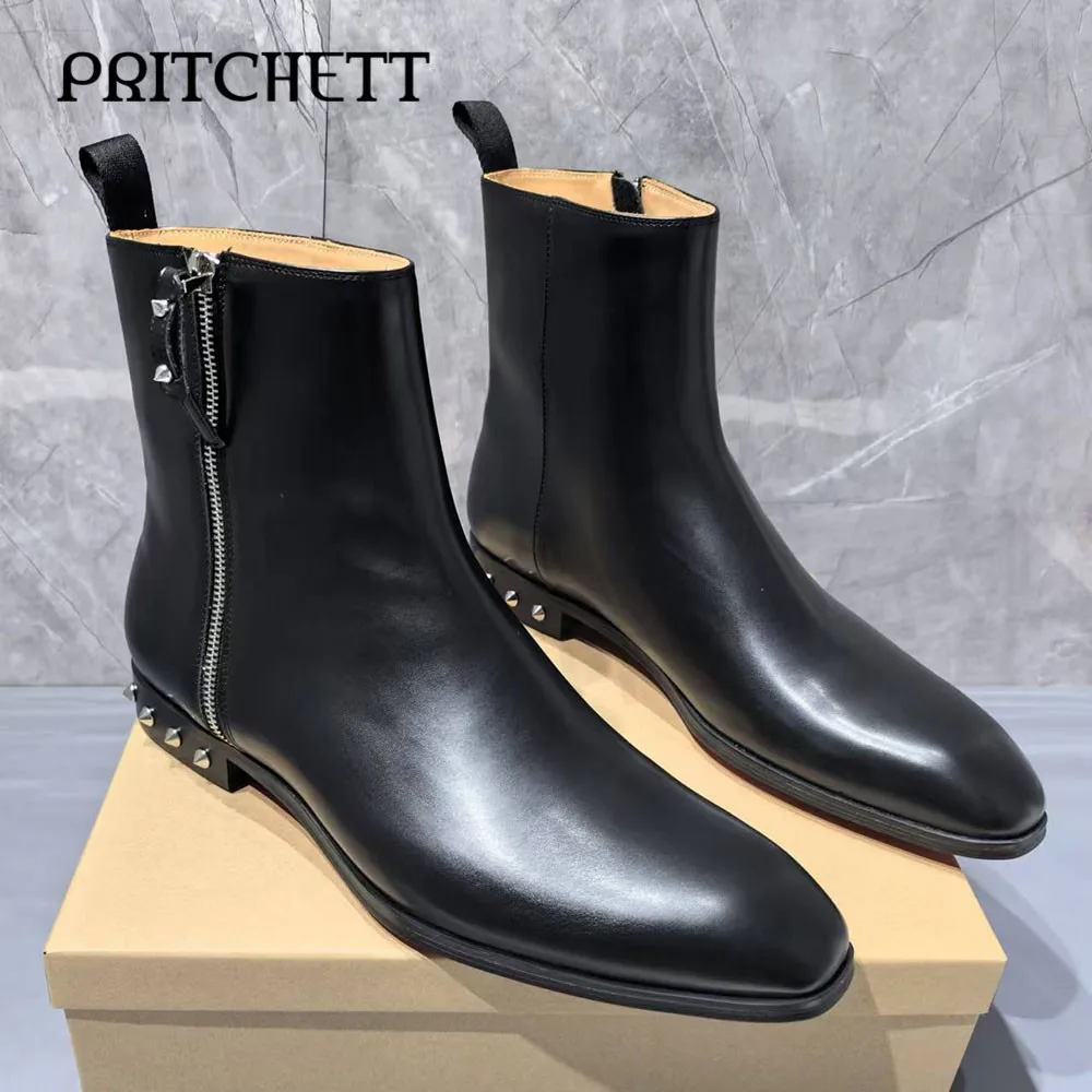 Fashion Studded Black Boots Side Zipper Pull-On Casual Leather Boots Personality Business Large Size Chelsea Men's Boots