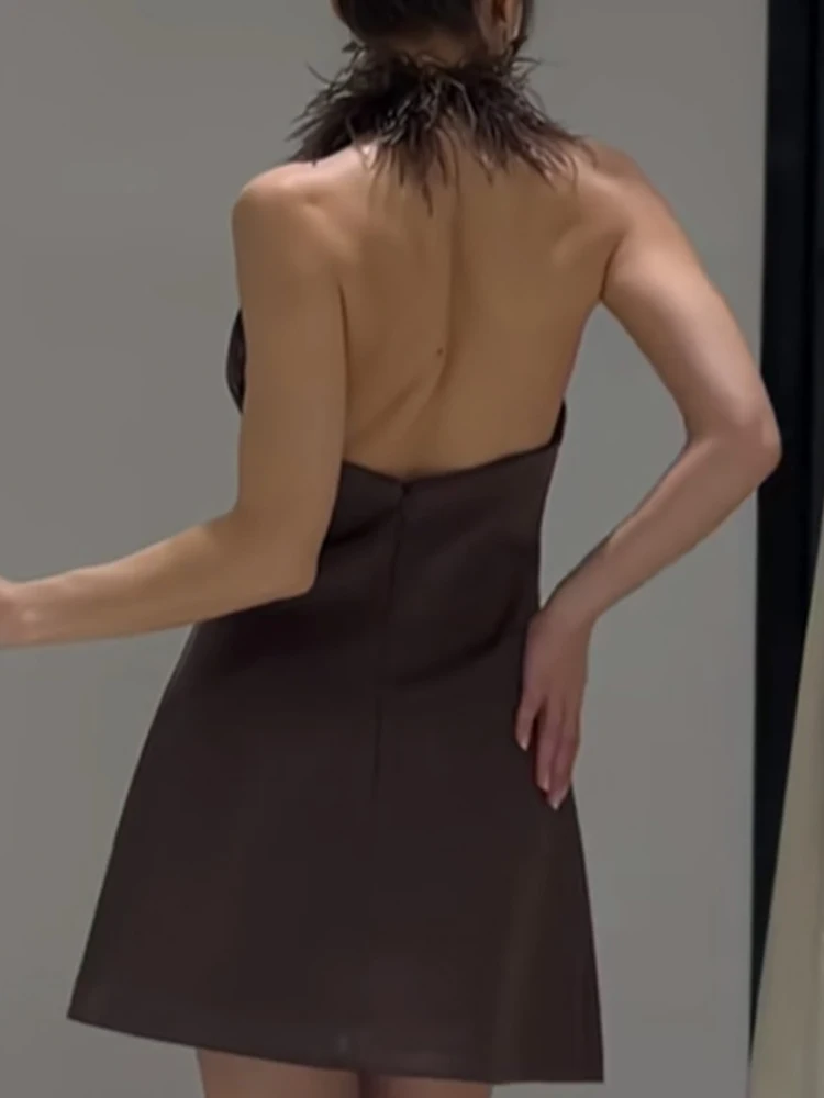 ชุดเดรสสั้นสีพื้นสำหรับงานเลี้ยงค็อกเทล ฤดูร้อน สไตล์ลำลองสำหรับผู้หญิง โชว์หลัง ทรงเข้ารูป ชุดเดรสวันเกิดเก๋ไก๋ แต่งขนนก ไม่มีแขน เหมาะสำหรับวันหยุด