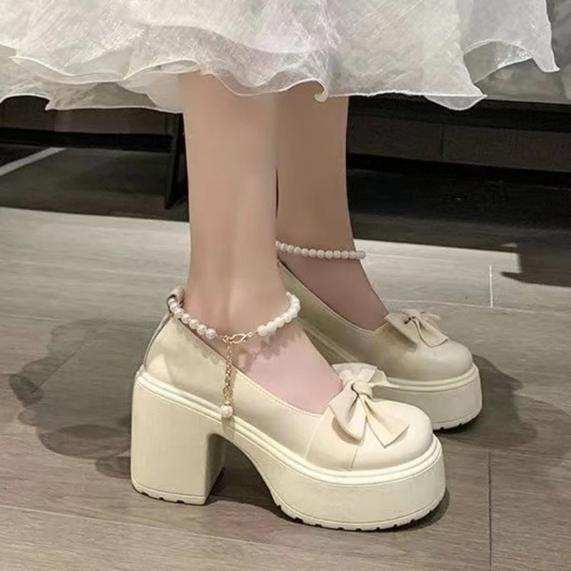 

2025 Spring Autumn Women's Mary Janes Chunky Sole Japanese Style Bow Design Height Increase Leather Shoes for Women