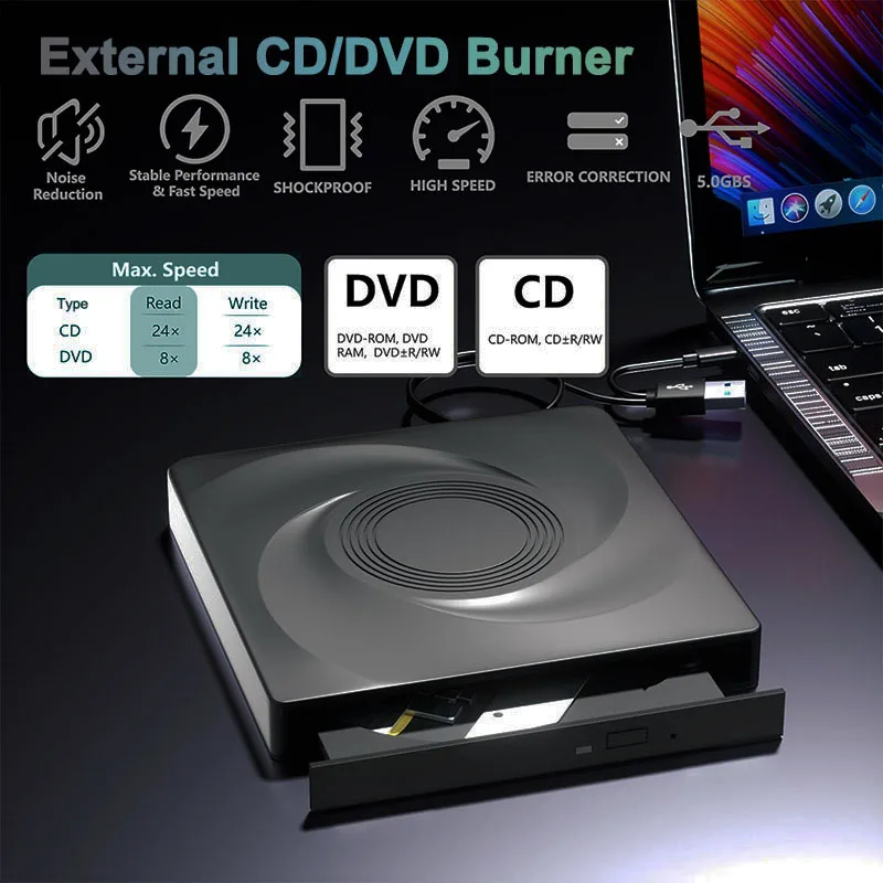 USB3.0 Type C External CD DVD RW Optical Drive DVD/VCD/CD Burner Portable Player Writer for Laptop Desktop PC Windows 11 10